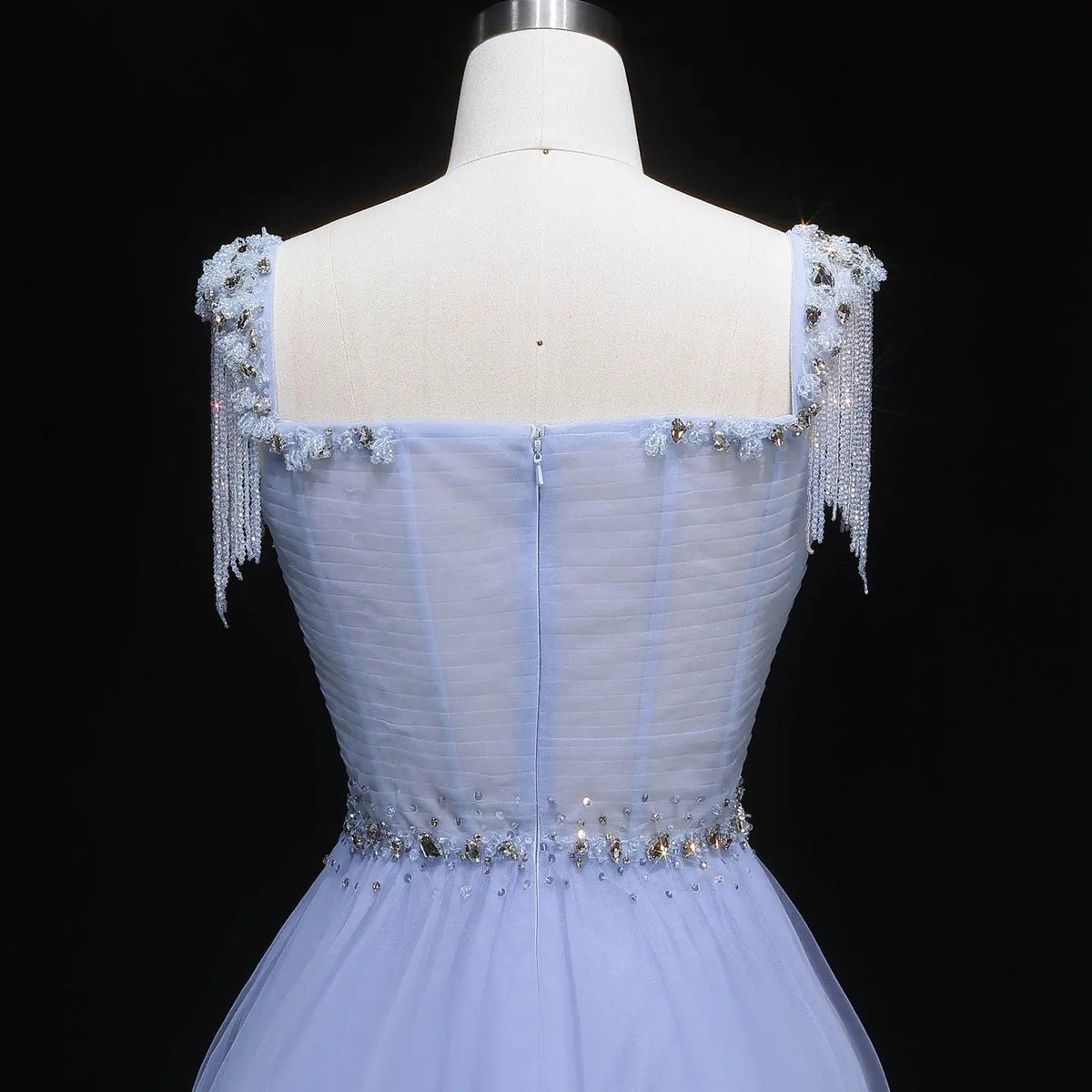 Luxury Blue Tassel Beaded Tulle A-Line Evening Dress SS058