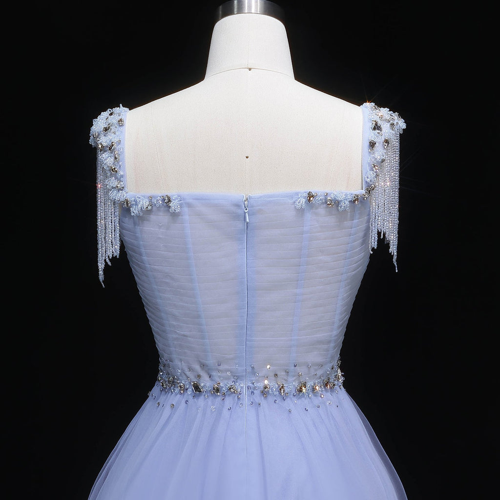 Elegant Blue Beaded Tassel Tulle A-Line Evening Dress SS058