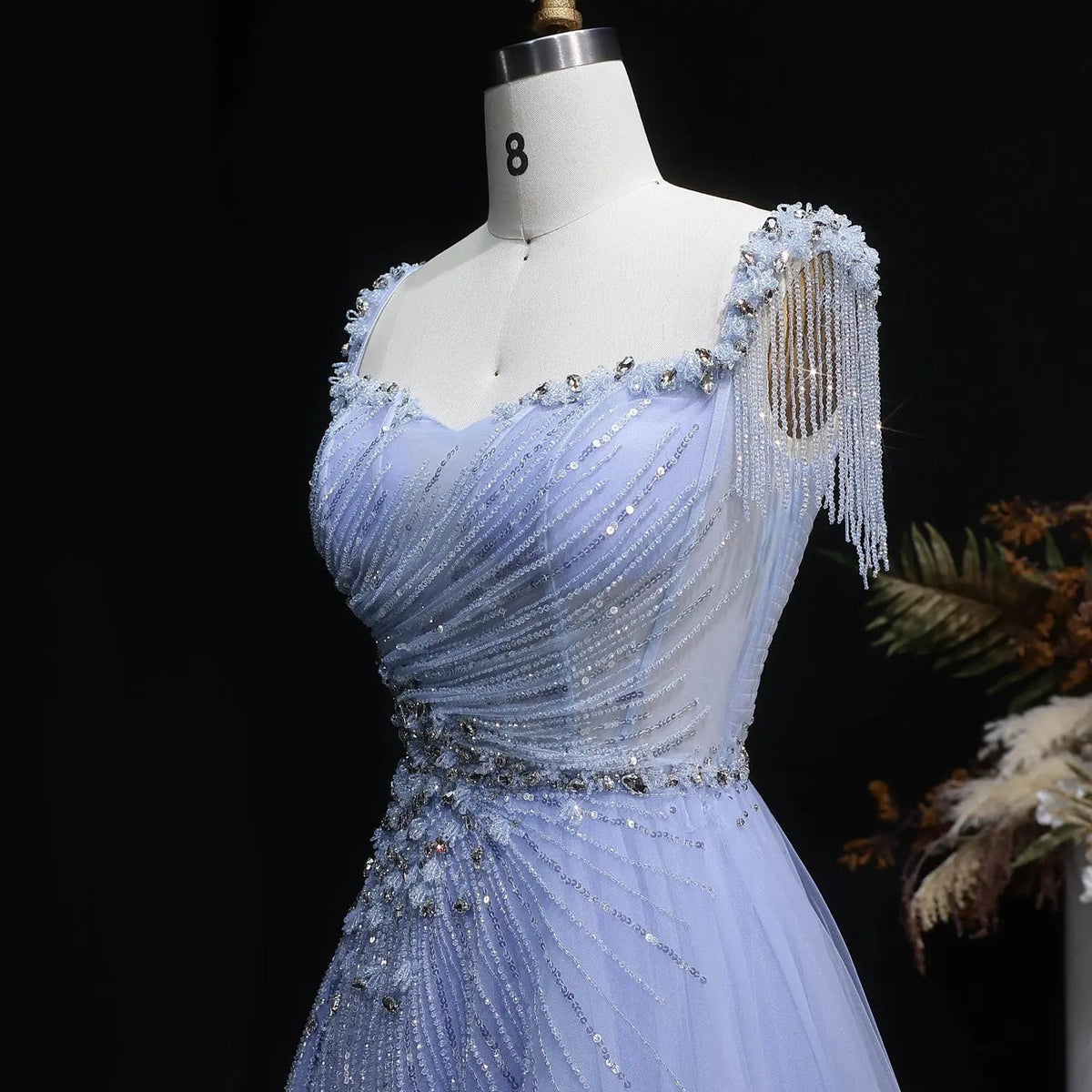 Luxury Blue Tassel Beaded Tulle A-Line Evening Dress SS058