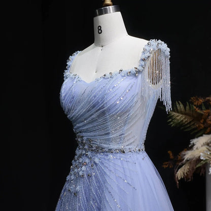 Luxury Blue Tassel Beaded Tulle A-Line Evening Dress SS058