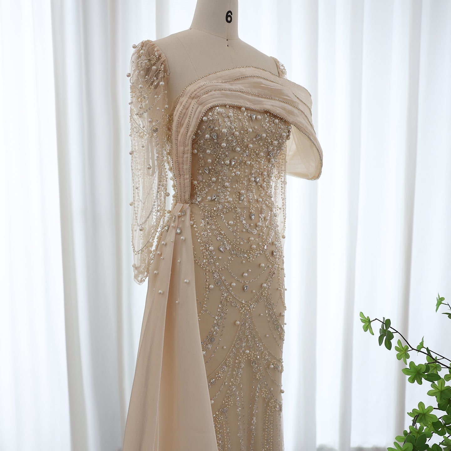Luxury Nude Crystal Mermaid Long Sleeves Evening Dress with Overskirt SS256