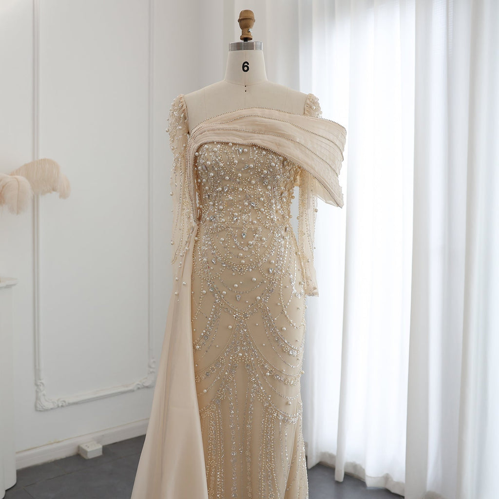 Luxury Nude Crystal Mermaid Long Sleeves Evening Dress with Overskirt SS256