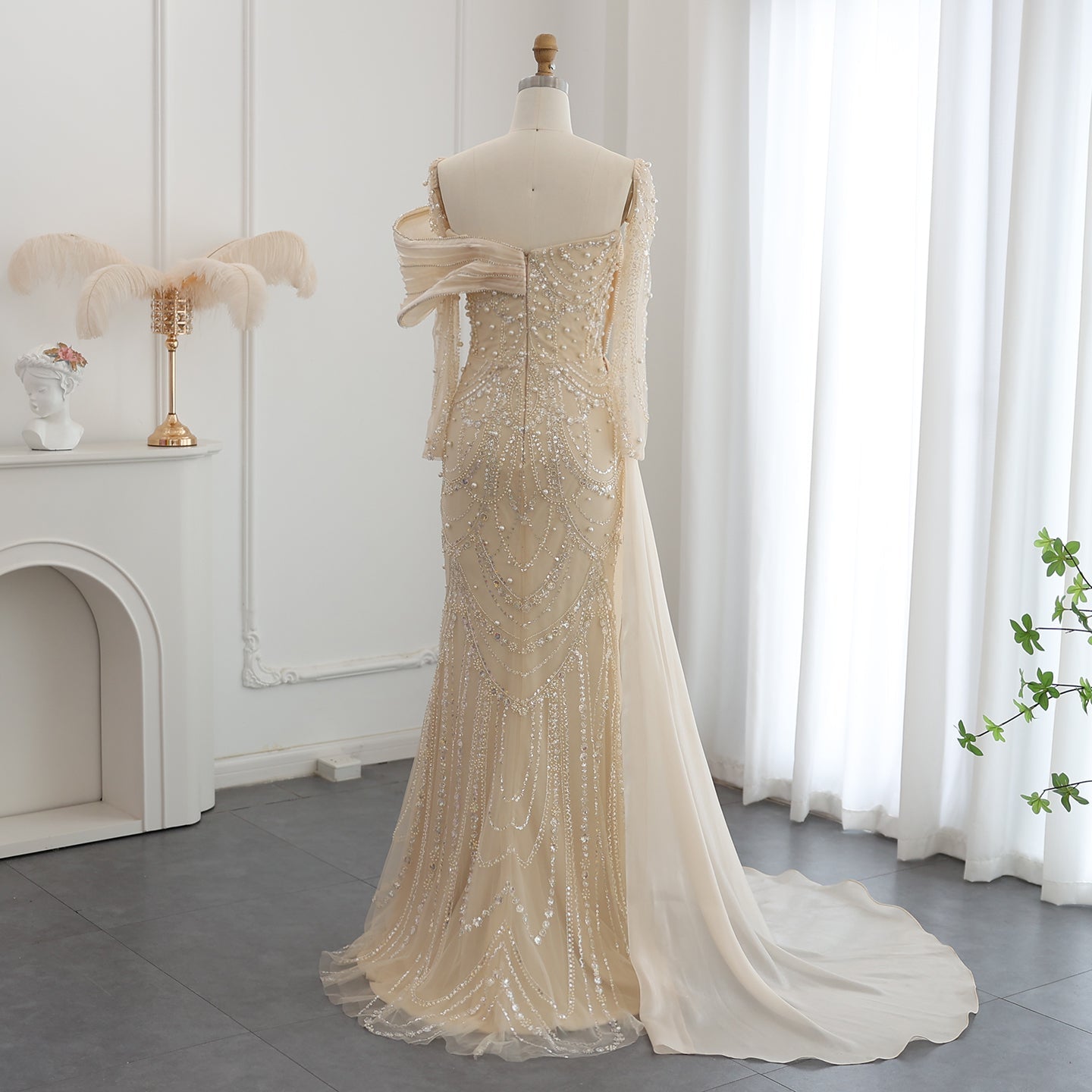 Luxury Nude Crystal Mermaid Long Sleeves Evening Dress with Overskirt SS256