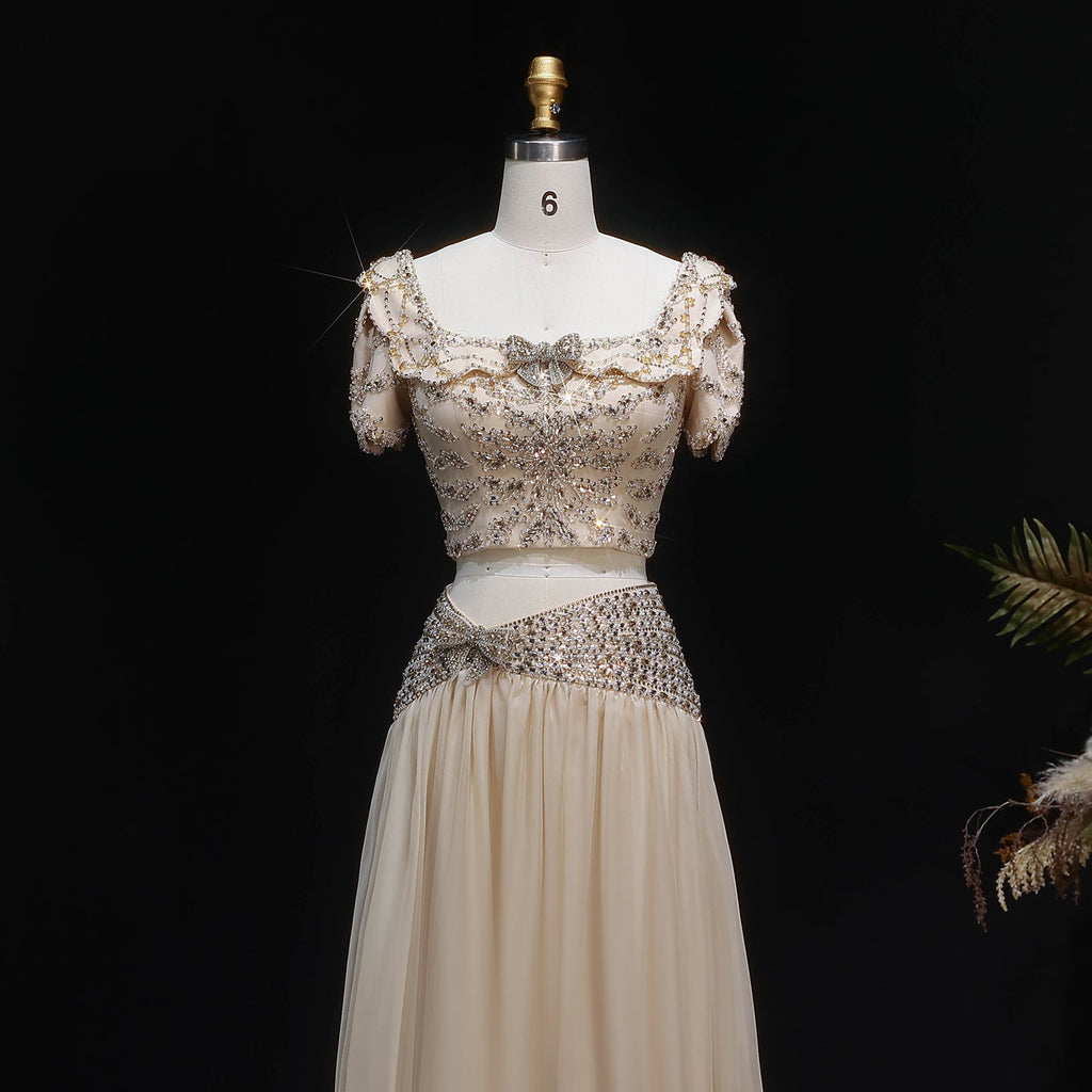 Luxury Champagne Crystal Two-Piece Evening Dress with Puff Sleeves SS544