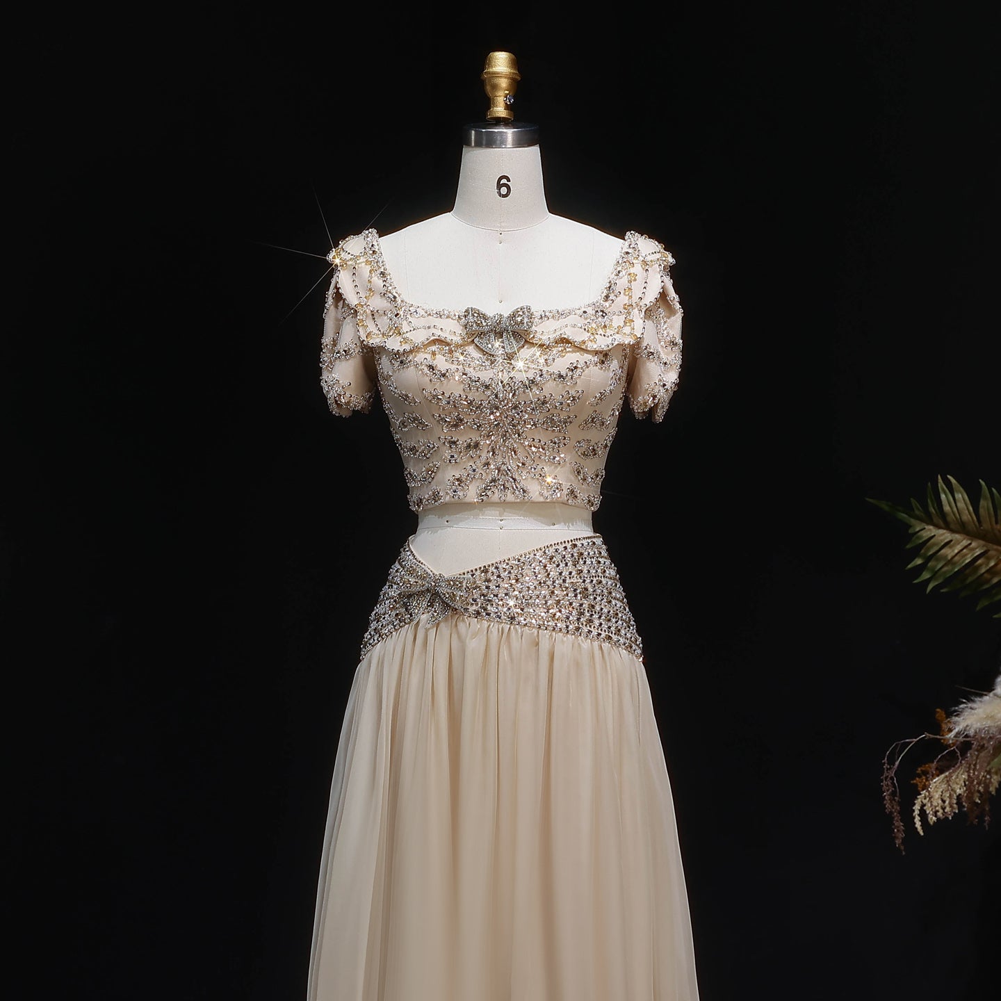 Luxury Champagne Crystal Two-Piece Evening Dress with Puff Sleeves SS544