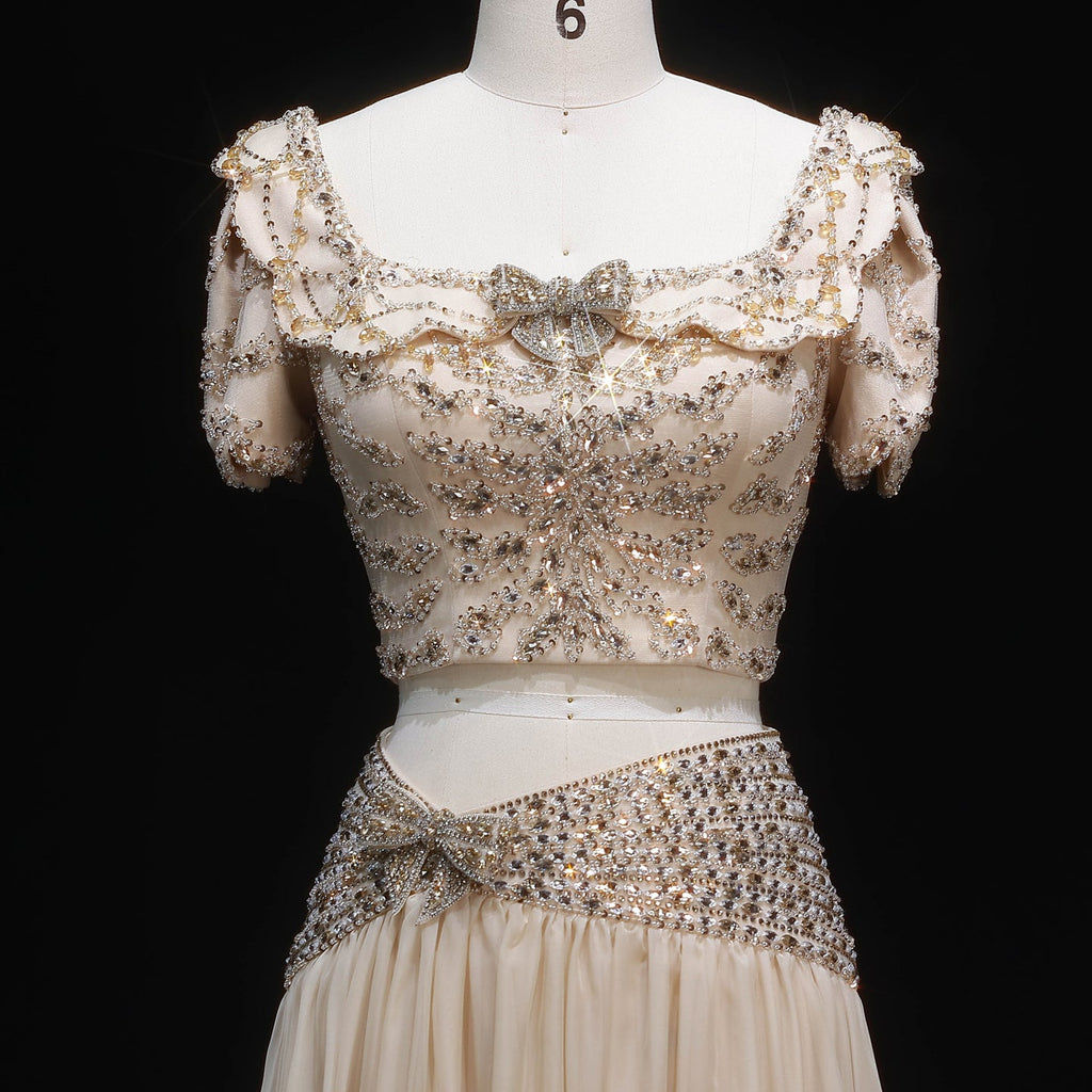 Luxury Champagne Crystal Two-Piece Evening Dress with Puff Sleeves SS544