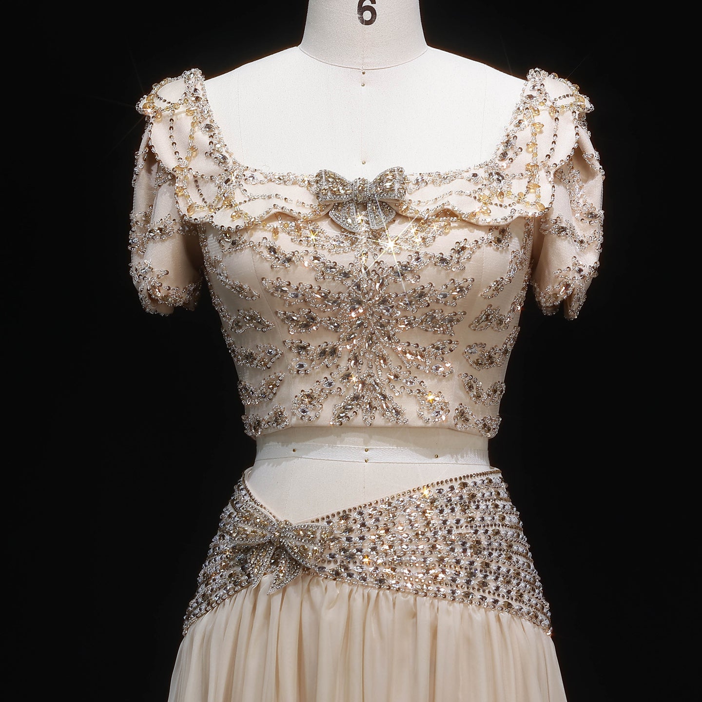 Luxury Champagne Crystal Two-Piece Evening Dress with Puff Sleeves SS544