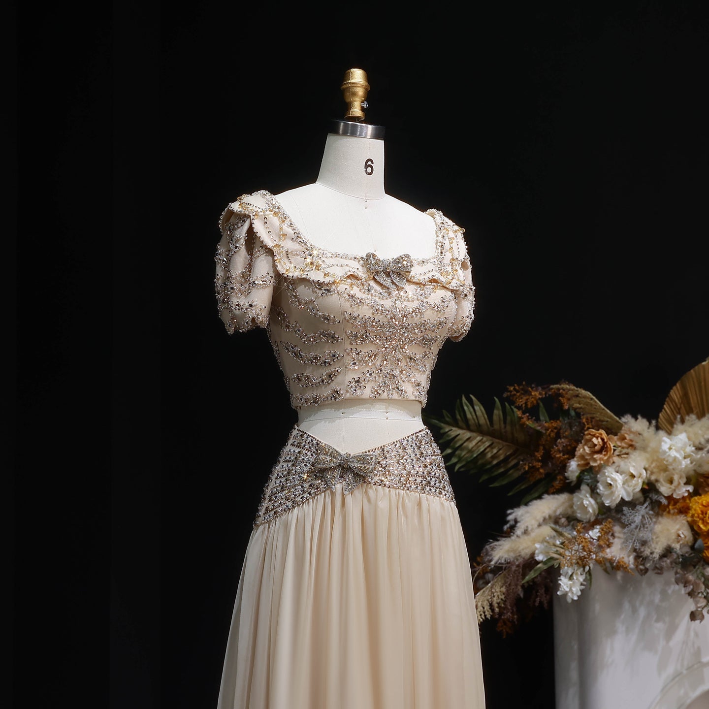 Luxury Champagne Crystal Two-Piece Evening Dress with Puff Sleeves SS544
