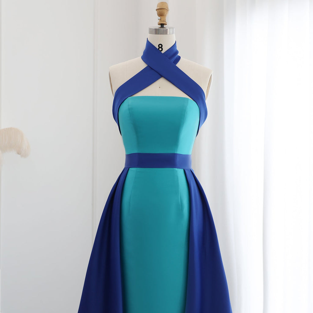 Elegant Royal Blue Contrast Turquoise Evening Dress with Overskirt SF012