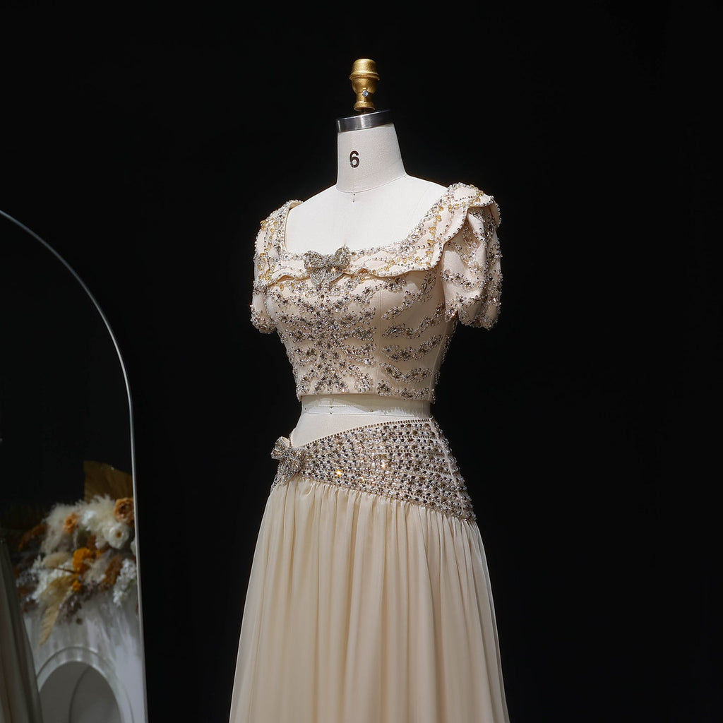 Luxury Champagne Crystal Two-Piece Evening Dress with Puff Sleeves SS544