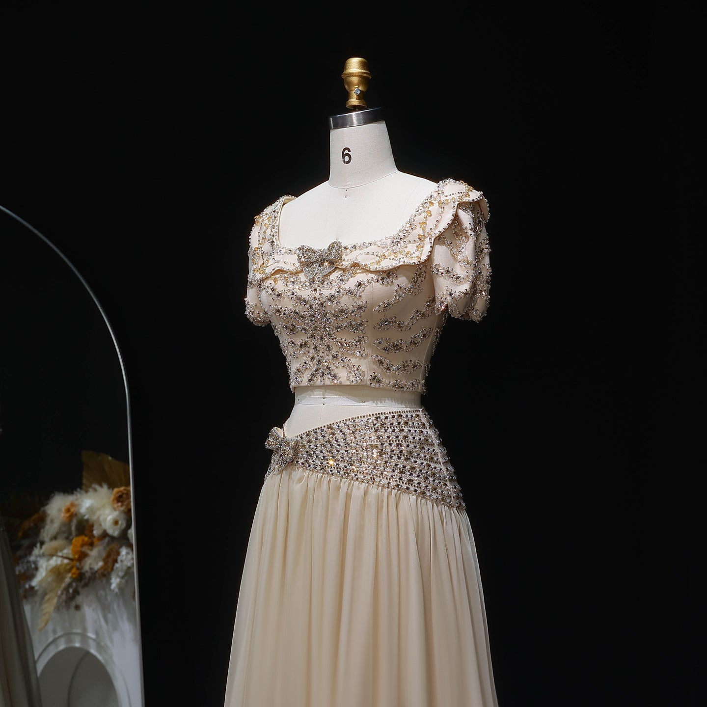 Luxury Champagne Crystal Two-Piece Evening Dress with Puff Sleeves SS544