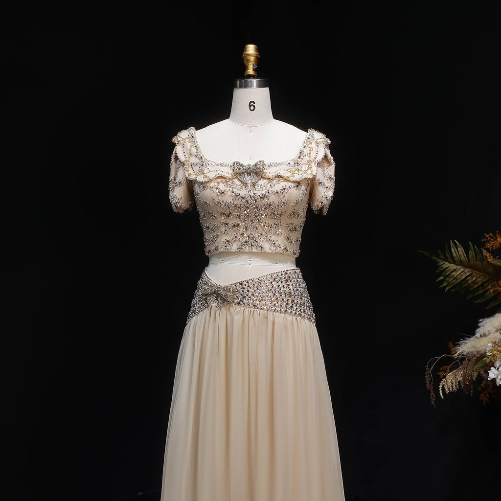 Luxury Champagne Crystal Two-Piece Evening Dress with Puff Sleeves SS544