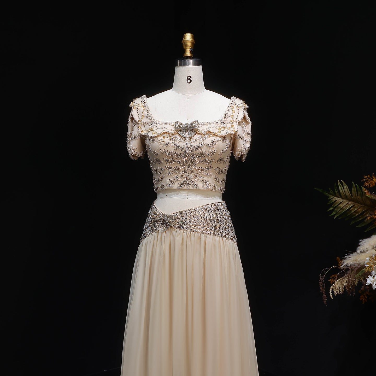 Luxury Champagne Crystal Two-Piece Evening Dress with Puff Sleeves SS544