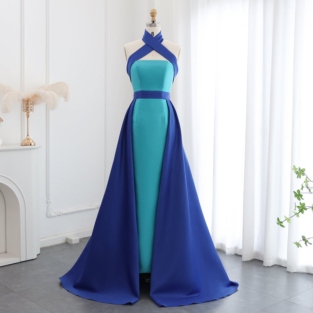 Elegant Royal Blue Contrast Turquoise Evening Dress with Overskirt SF012