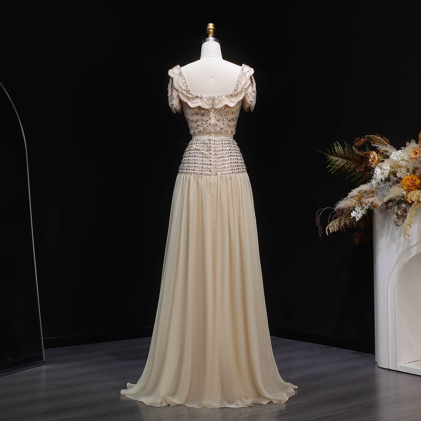 Luxury Champagne Crystal Two-Piece Evening Dress with Puff Sleeves SS544