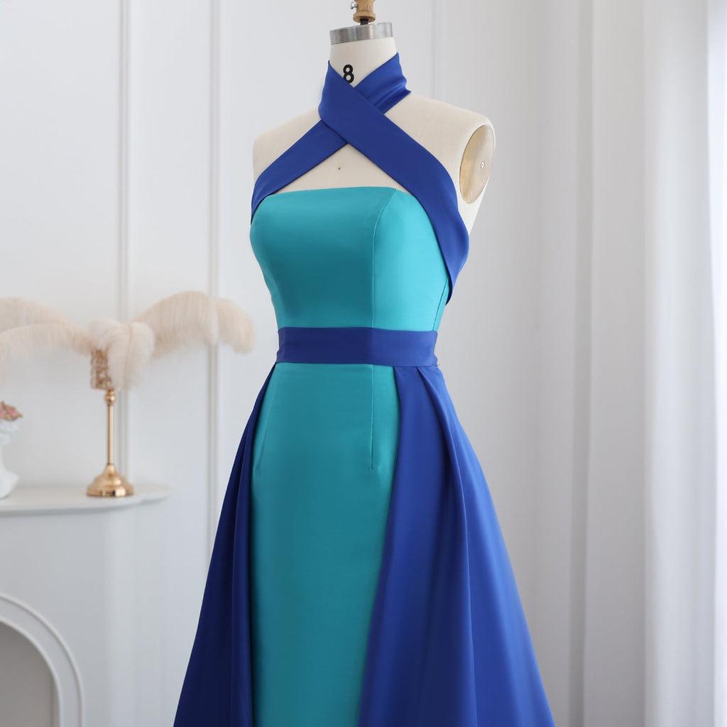 Elegant Royal Blue Contrast Turquoise Evening Dress with Overskirt SF012