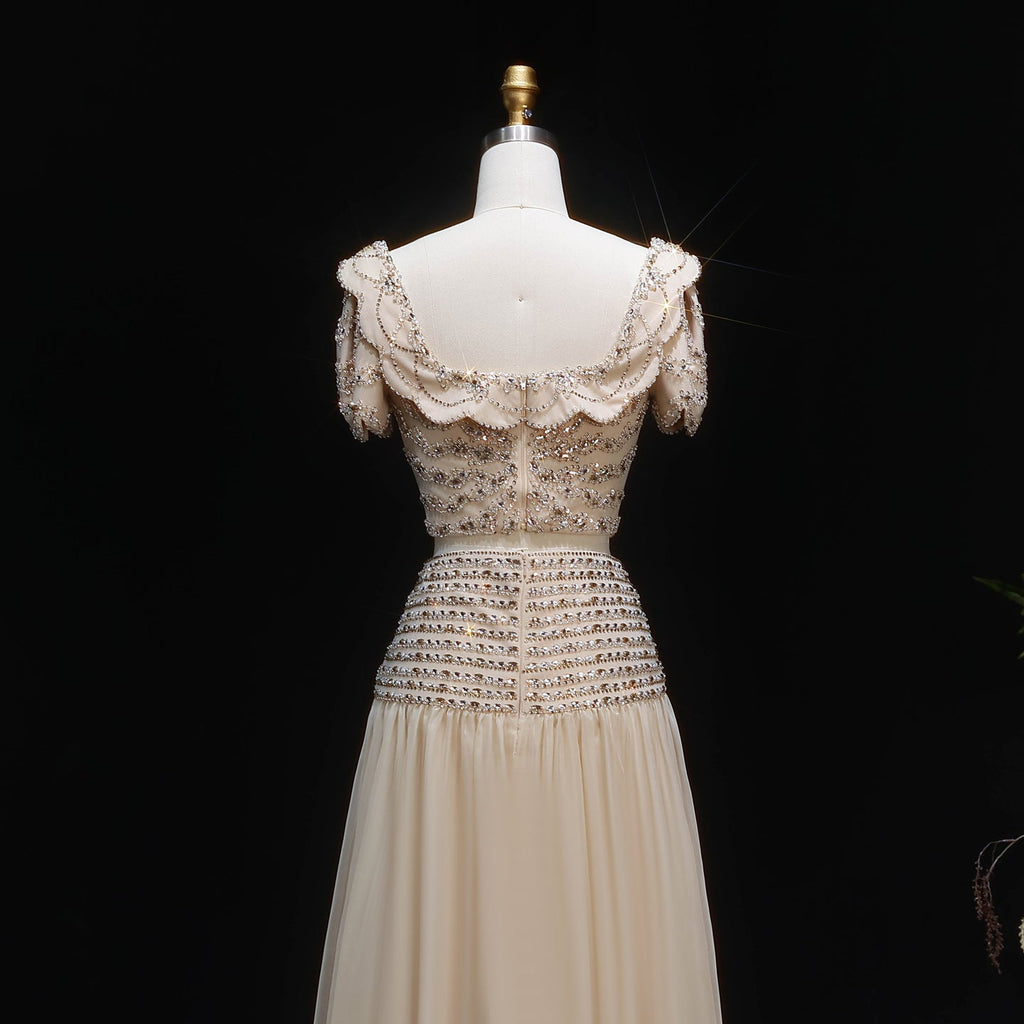 Luxury Champagne Crystal Two-Piece Evening Dress with Puff Sleeves SS544