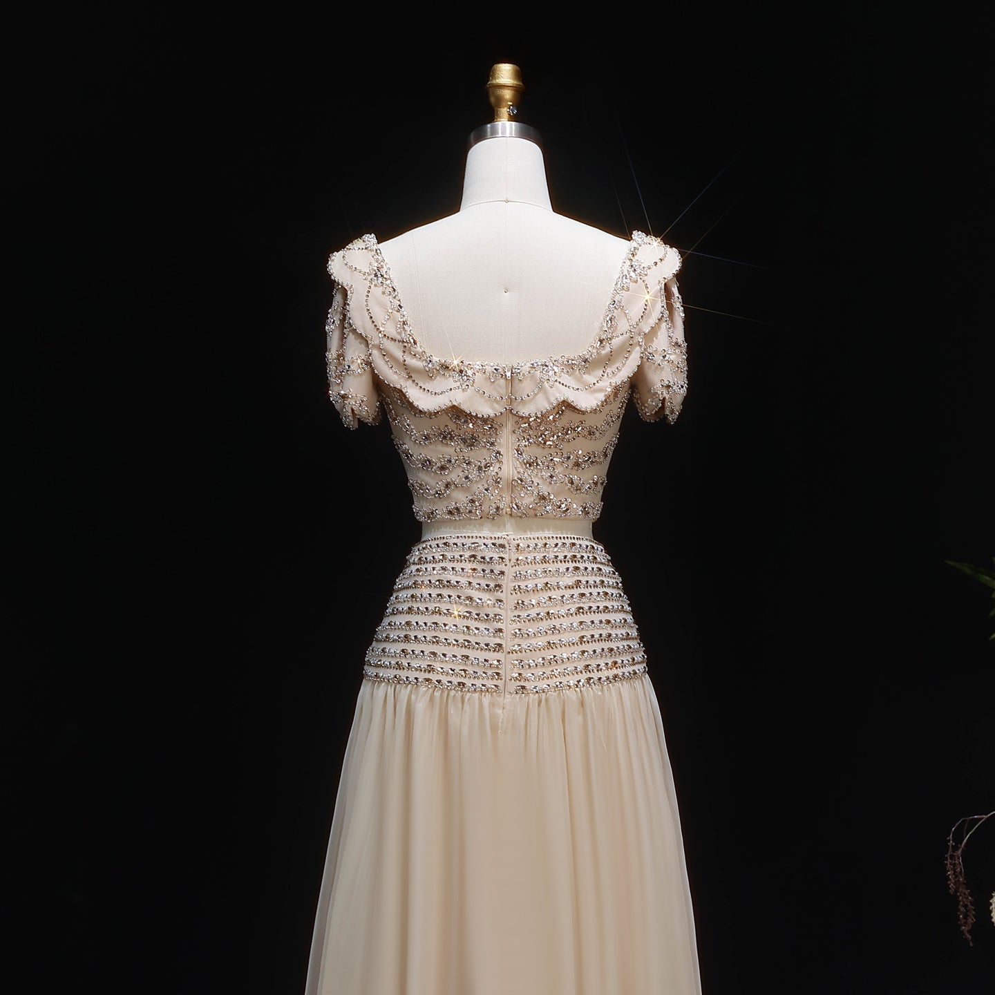 Luxury Champagne Crystal Two-Piece Evening Dress with Puff Sleeves SS544