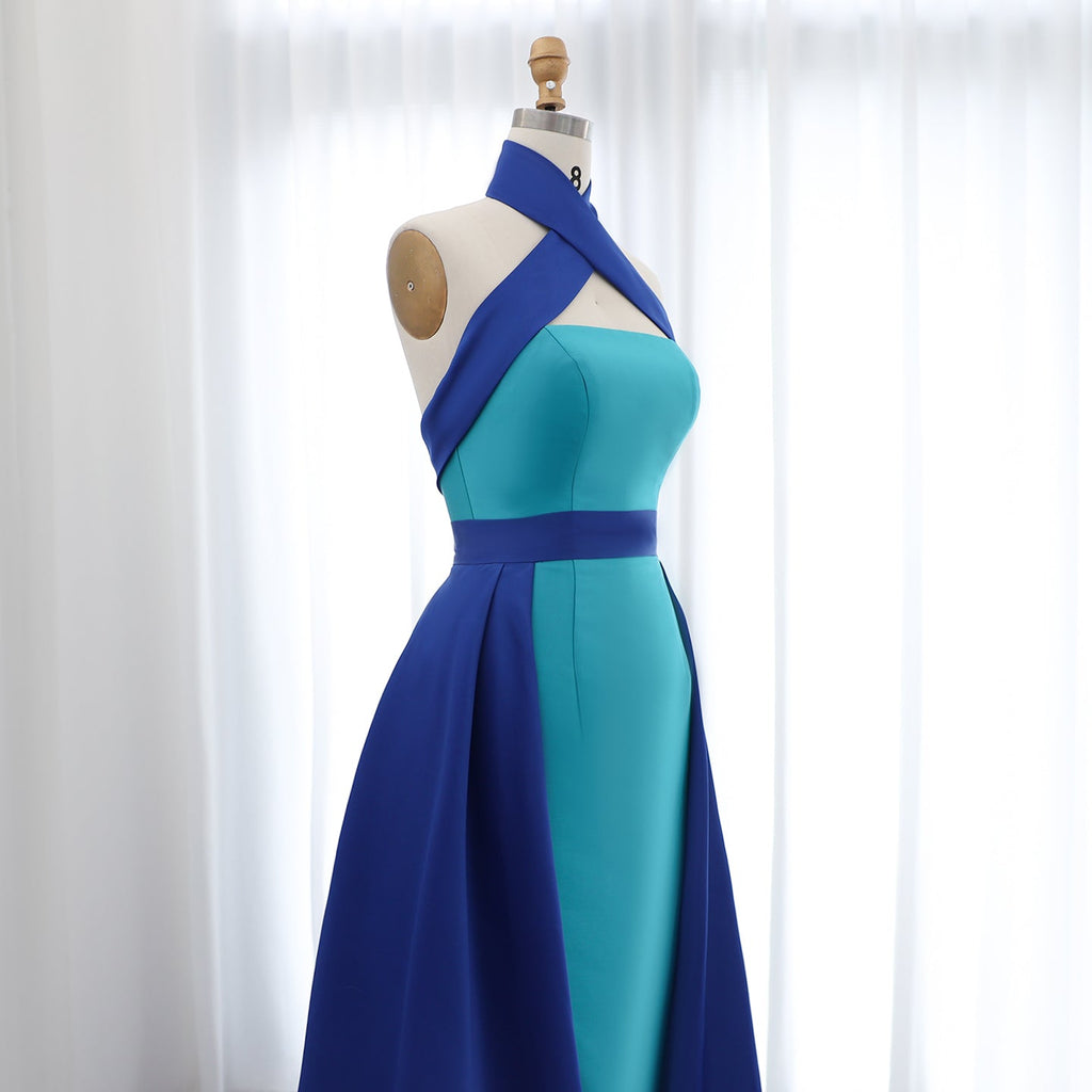 Elegant Royal Blue Contrast Turquoise Evening Dress with Overskirt SF012