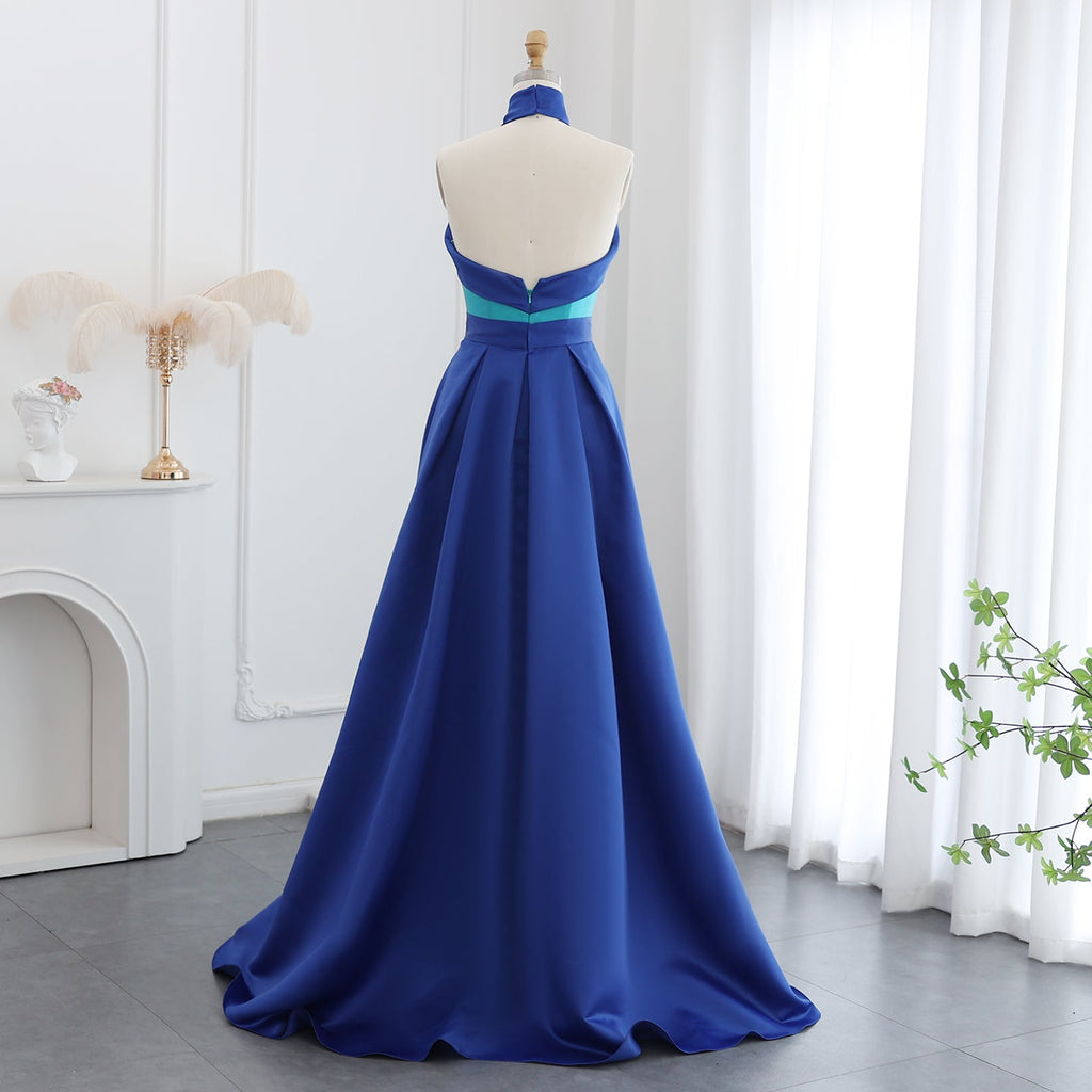 Elegant Royal Blue Contrast Turquoise Evening Dress with Overskirt SF012