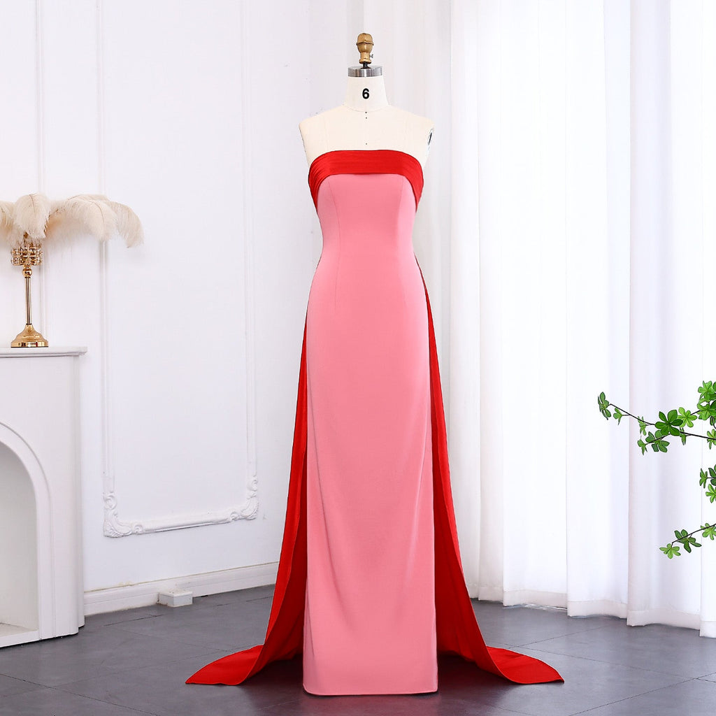 Elegant Pink&Red Strapless Satin Evening Dress with Overskirt SF293