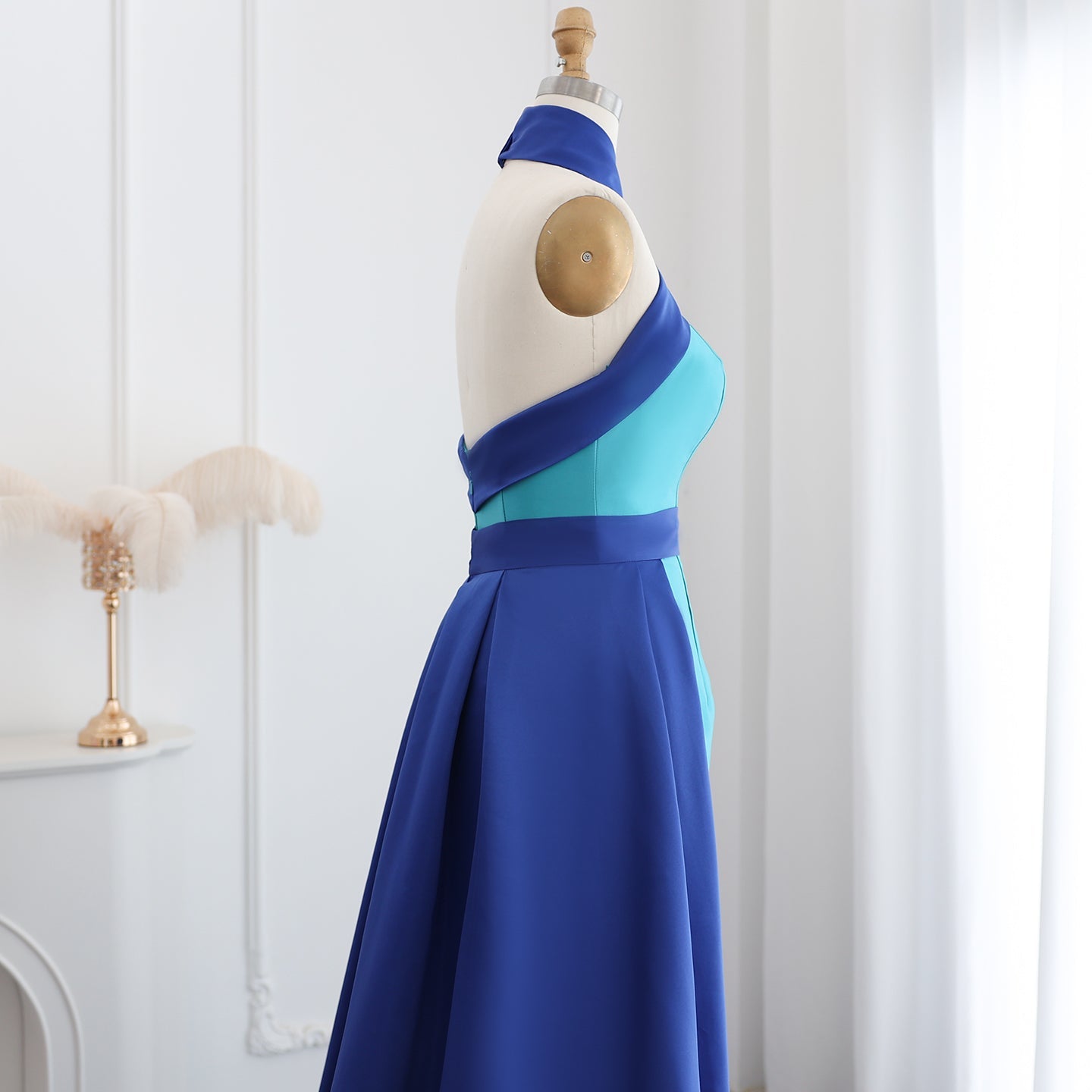Elegant Royal Blue Contrast Turquoise Evening Dress with Overskirt SF012