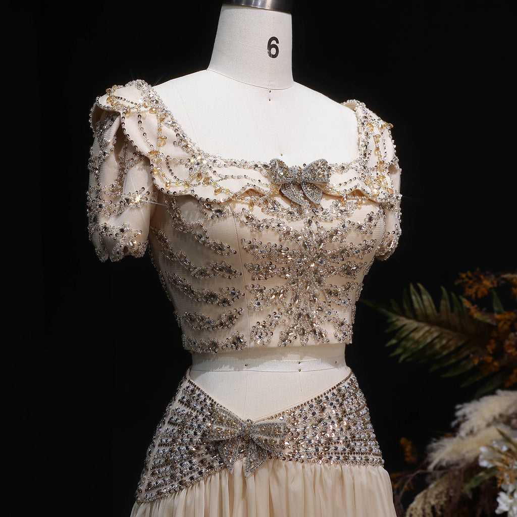 Luxury Champagne Crystal Two-Piece Evening Dress with Puff Sleeves SS544
