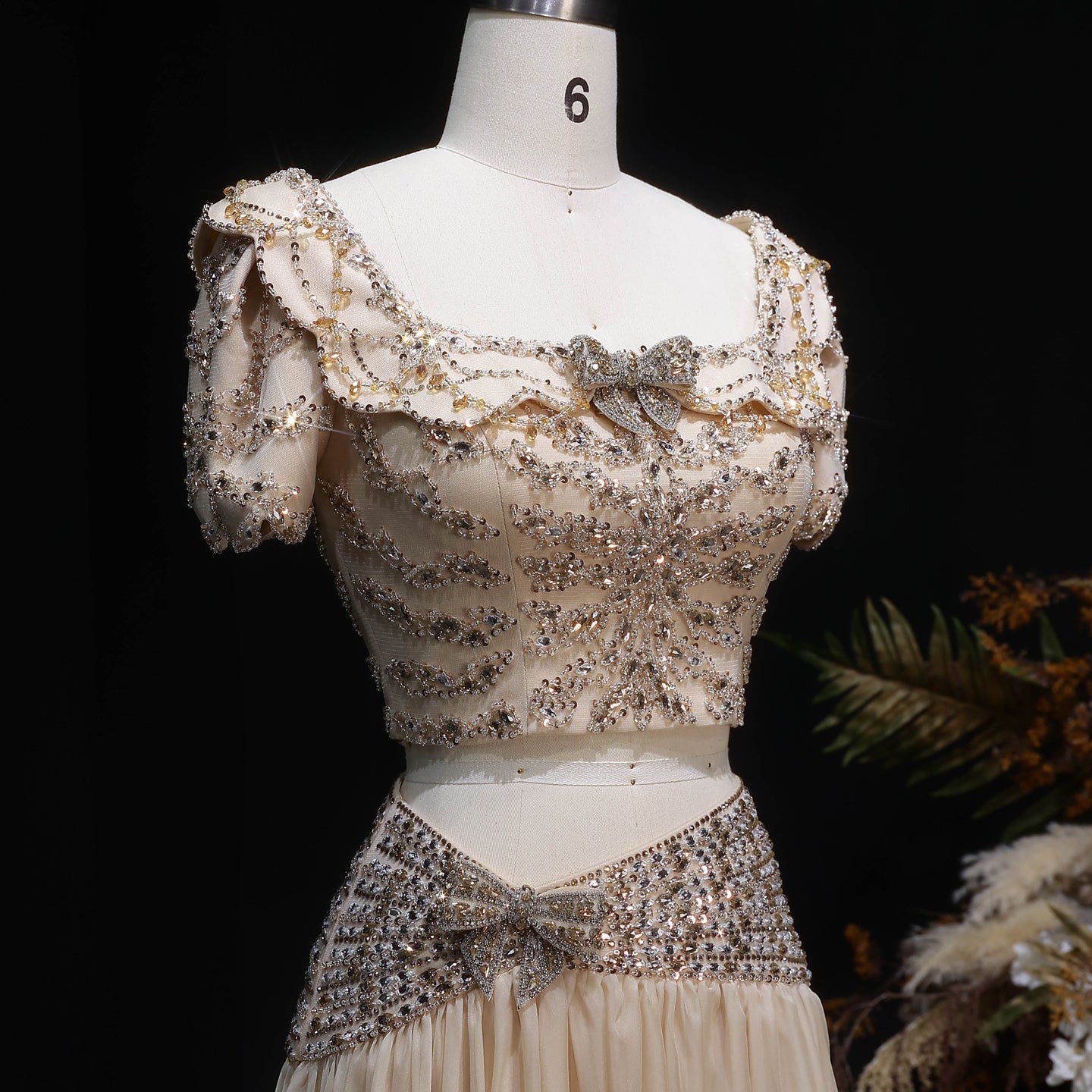 Luxury Champagne Crystal Two-Piece Evening Dress with Puff Sleeves SS544