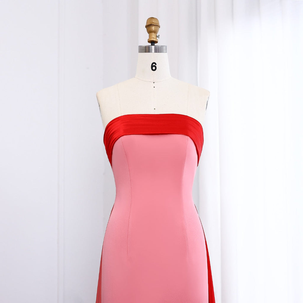 Elegant Pink&Red Strapless Satin Evening Dress with Overskirt SF293