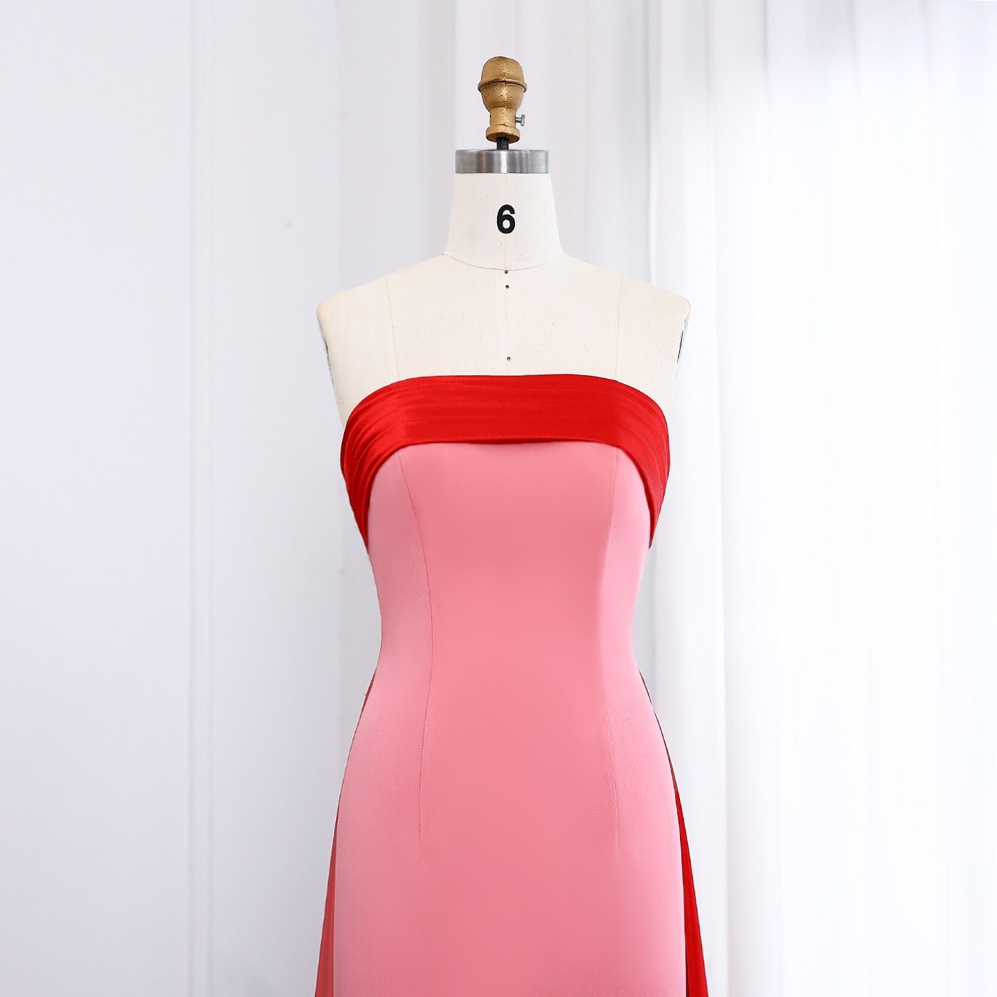 Elegant Pink&Red Strapless Satin Evening Dress with Overskirt SF293