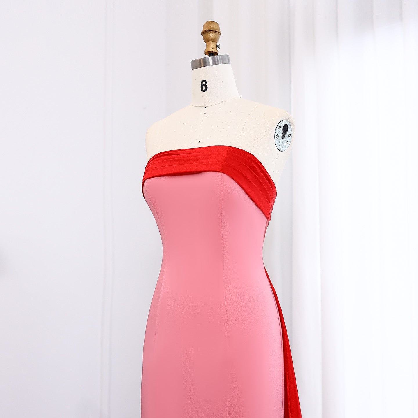 Elegant Pink&Red Strapless Satin Evening Dress with Overskirt SF293