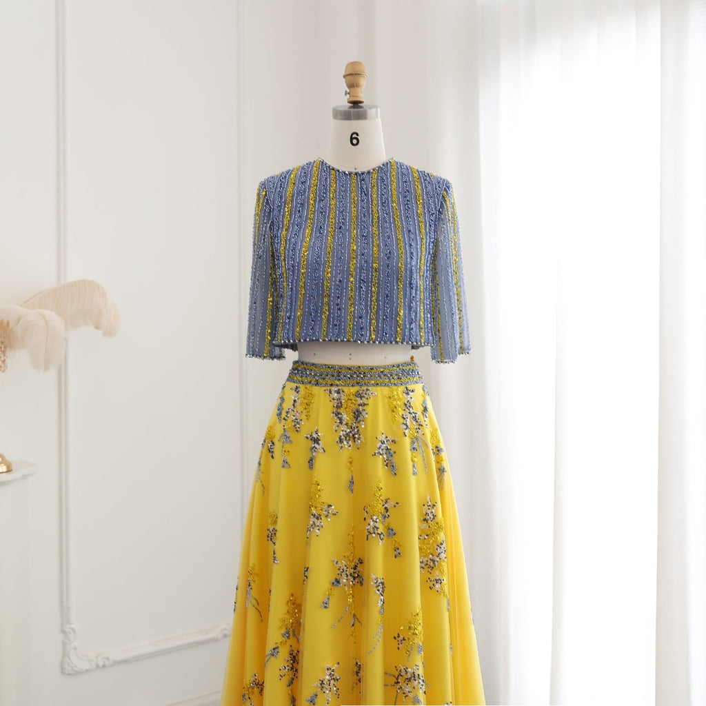 Luxury Blue Yellow 2 Pieces A-Line Half Sleeves Evening Dress SS490