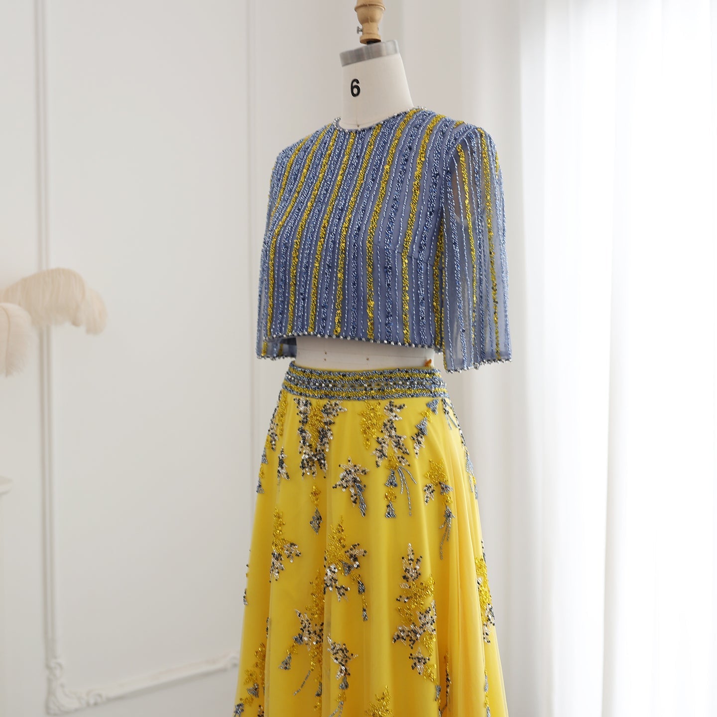 Luxury Blue Yellow 2 Pieces A-Line Half Sleeves Evening Dress SS490