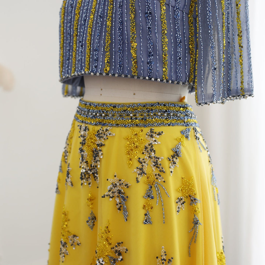 Luxury Blue Yellow 2 Pieces A-Line Half Sleeves Evening Dress SS490