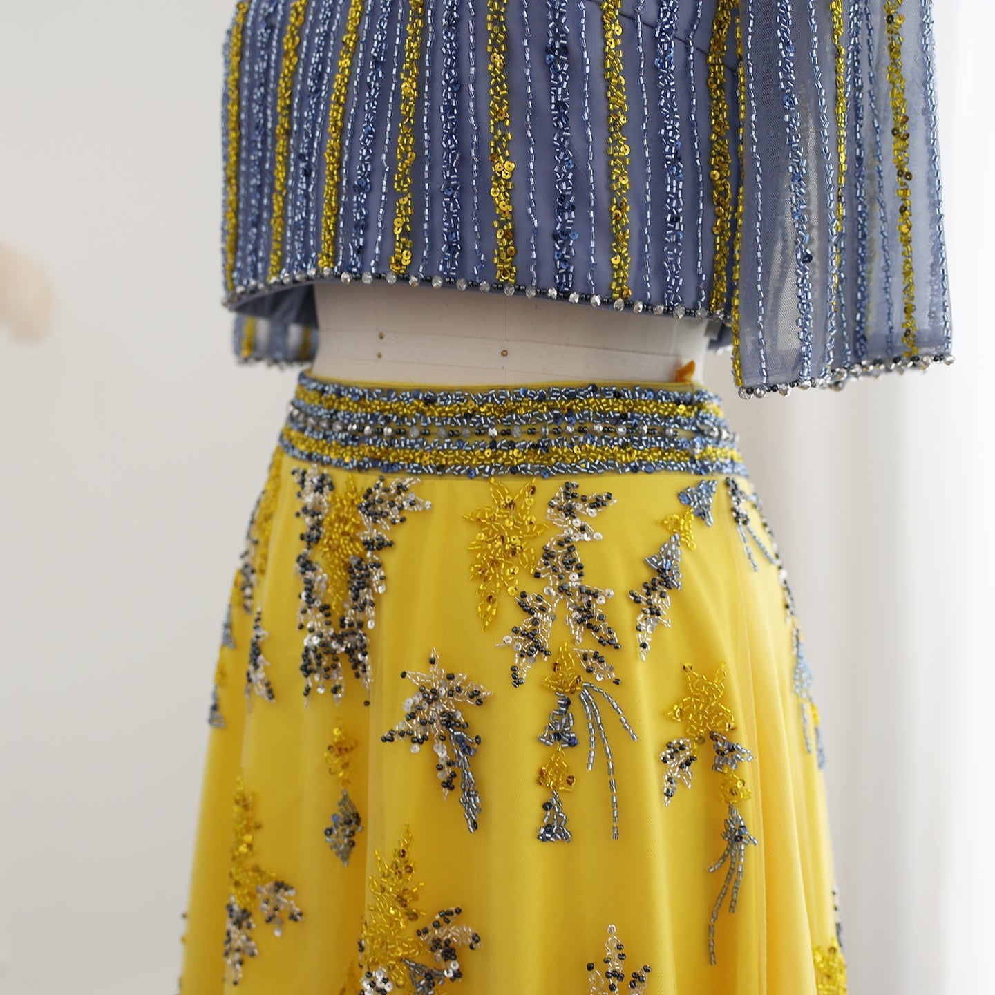 Luxury Blue Yellow 2 Pieces A-Line Half Sleeves Evening Dress SS490