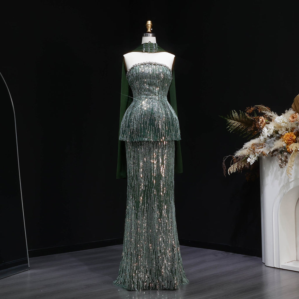 Glamorous Green Strapless Beaded Sequin Evening Dress with Scarf SS781