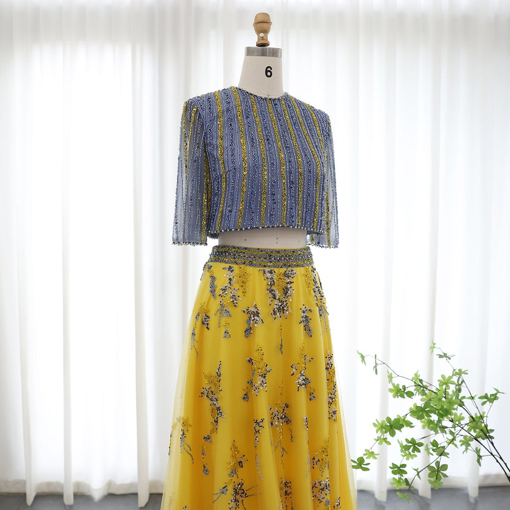 Luxury Blue Yellow 2 Pieces A-Line Half Sleeves Evening Dress SS490