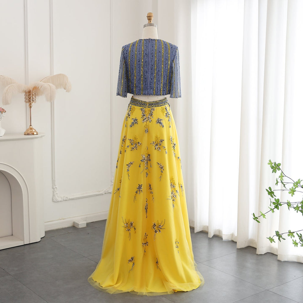 Luxury Blue Yellow 2 Pieces A-Line Half Sleeves Evening Dress SS490