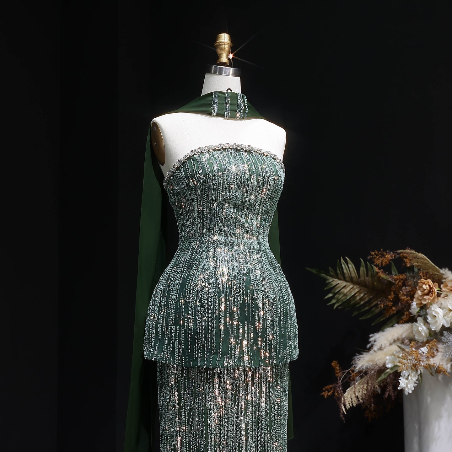 Glamorous Green Strapless Beaded Sequin Evening Dress with Scarf SS781