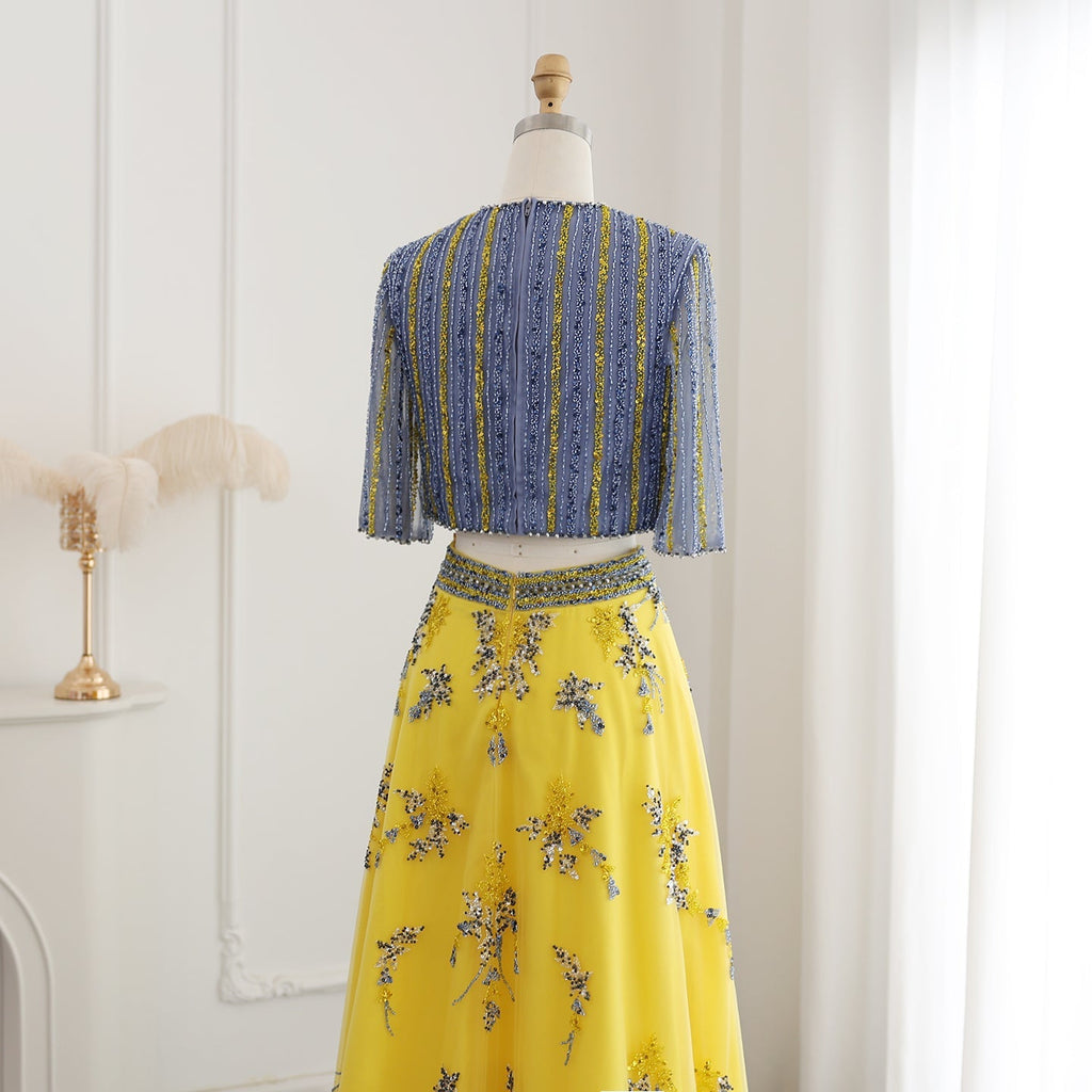 Luxury Blue Yellow 2 Pieces A-Line Half Sleeves Evening Dress SS490