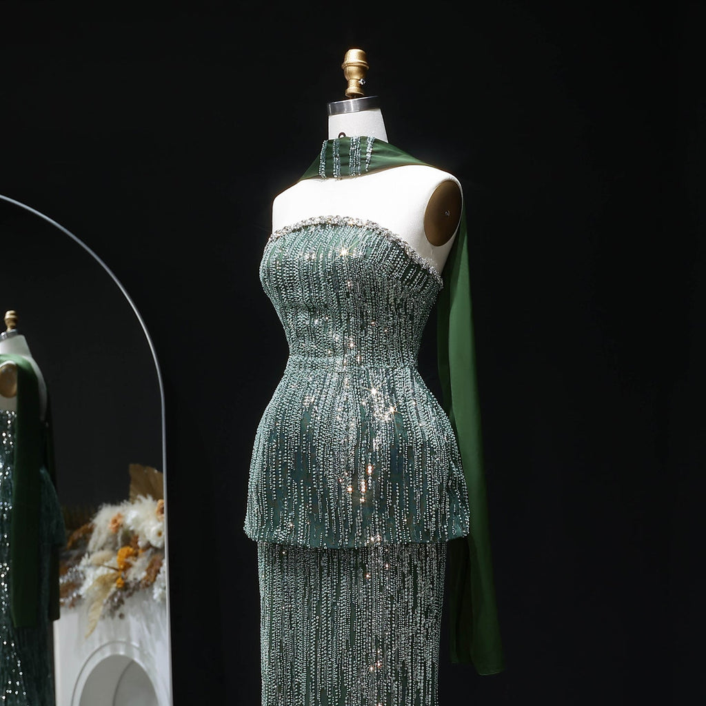 Glamorous Green Strapless Beaded Sequin Evening Dress with Scarf SS781