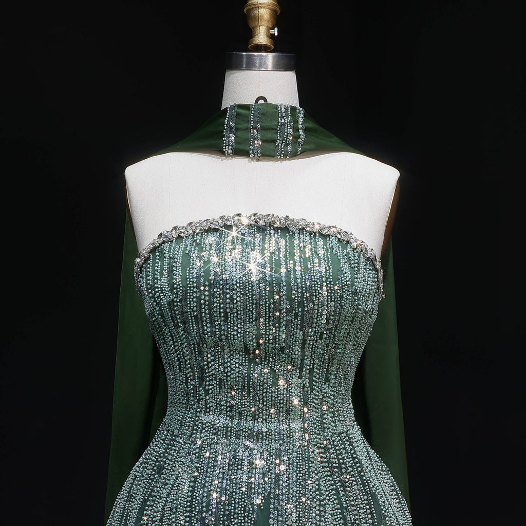 Glamorous Green Strapless Beaded Sequin Evening Dress with Scarf SS781