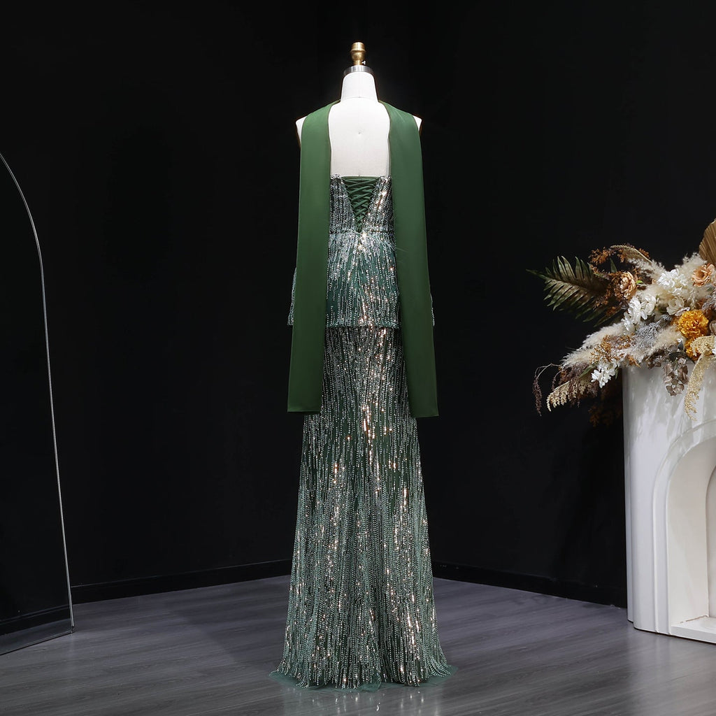Glamorous Green Strapless Beaded Sequin Evening Dress with Scarf SS781
