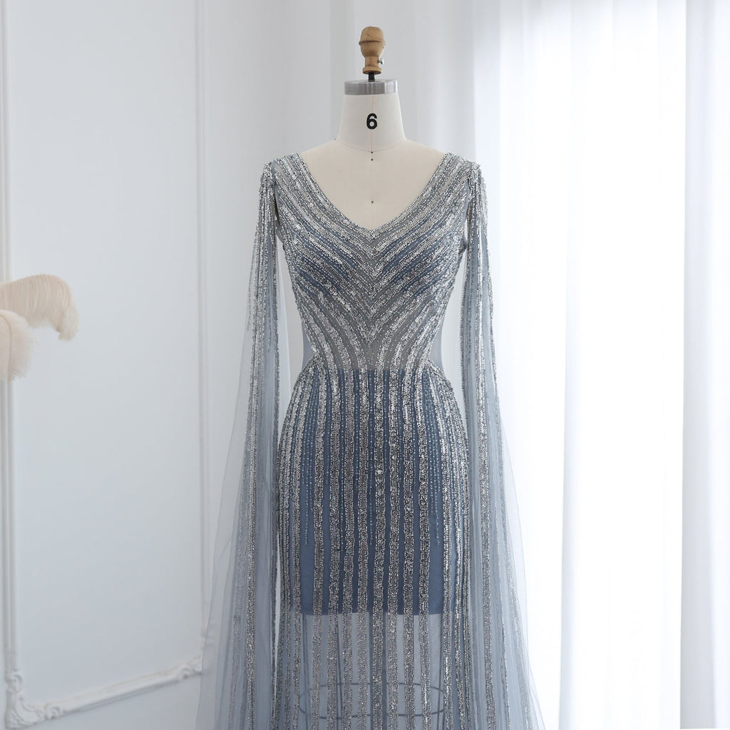 Luxury Beaded Blue V-Neck Mermaid Evening Dress with Cape Sleeves SS251