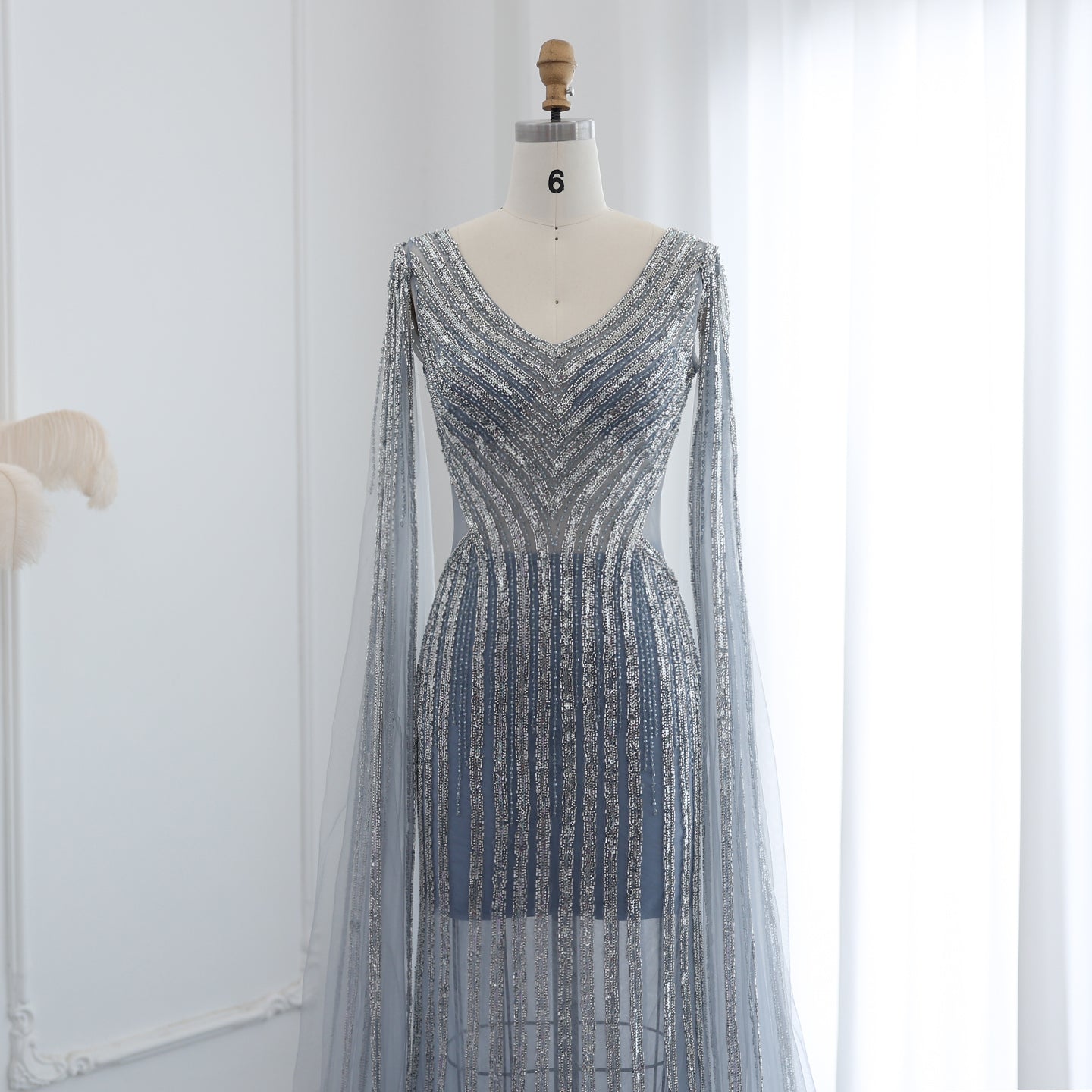 Luxury Beaded Blue V-Neck Mermaid Evening Dress with Cape Sleeves SS251