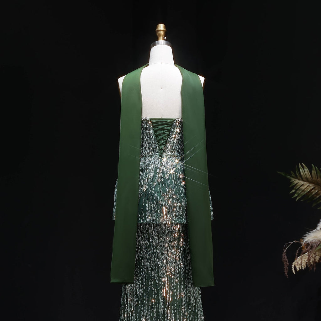 Glamorous Green Strapless Beaded Sequin Evening Dress with Scarf SS781