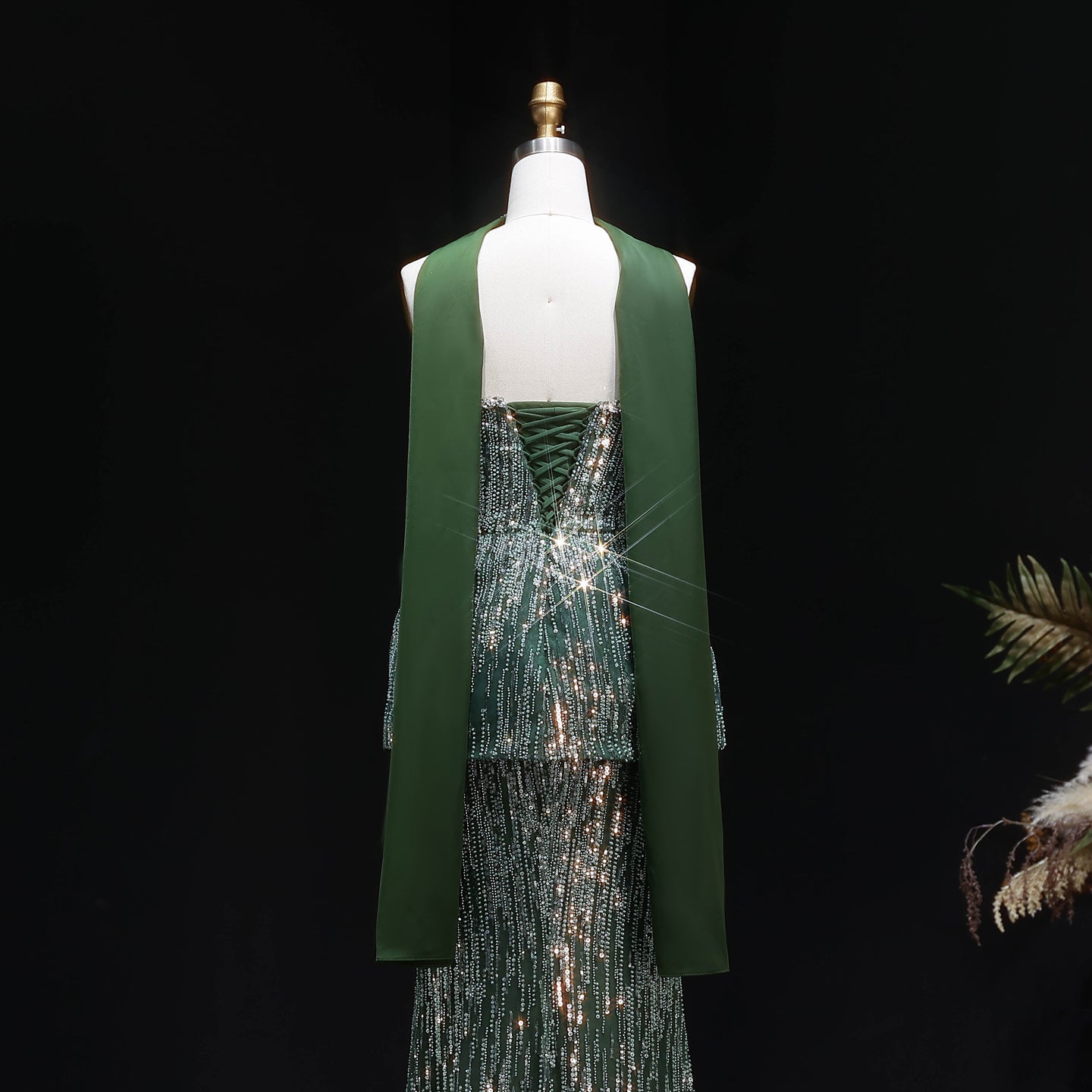 Glamorous Green Strapless Beaded Sequin Evening Dress with Scarf SS781