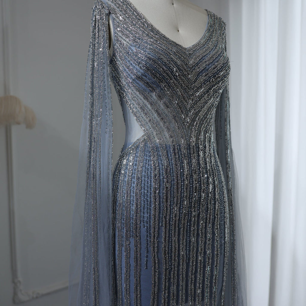 Luxury Beaded Blue V-Neck Mermaid Evening Dress with Cape Sleeves SS251