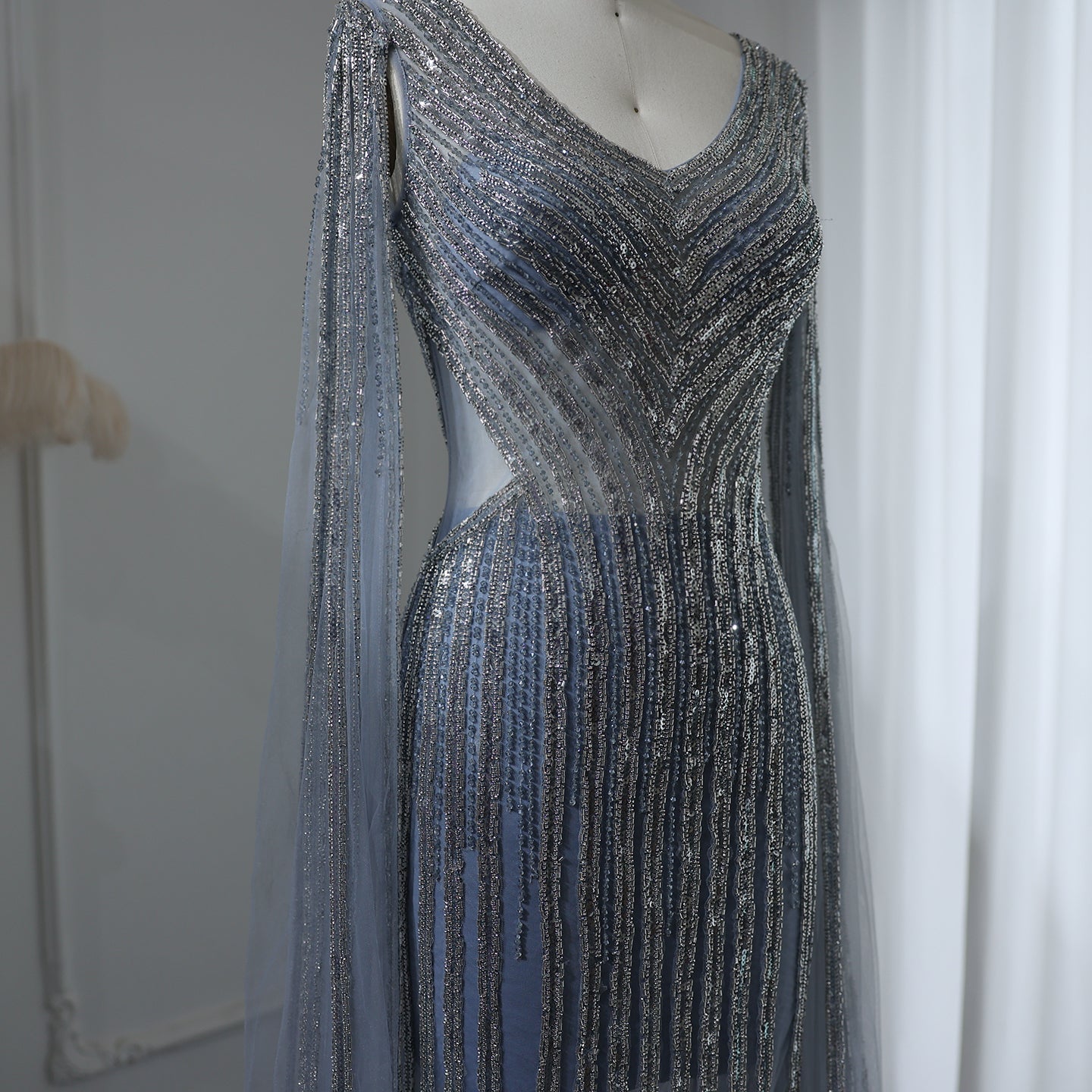 Luxury Beaded Blue V-Neck Mermaid Evening Dress with Cape Sleeves SS251