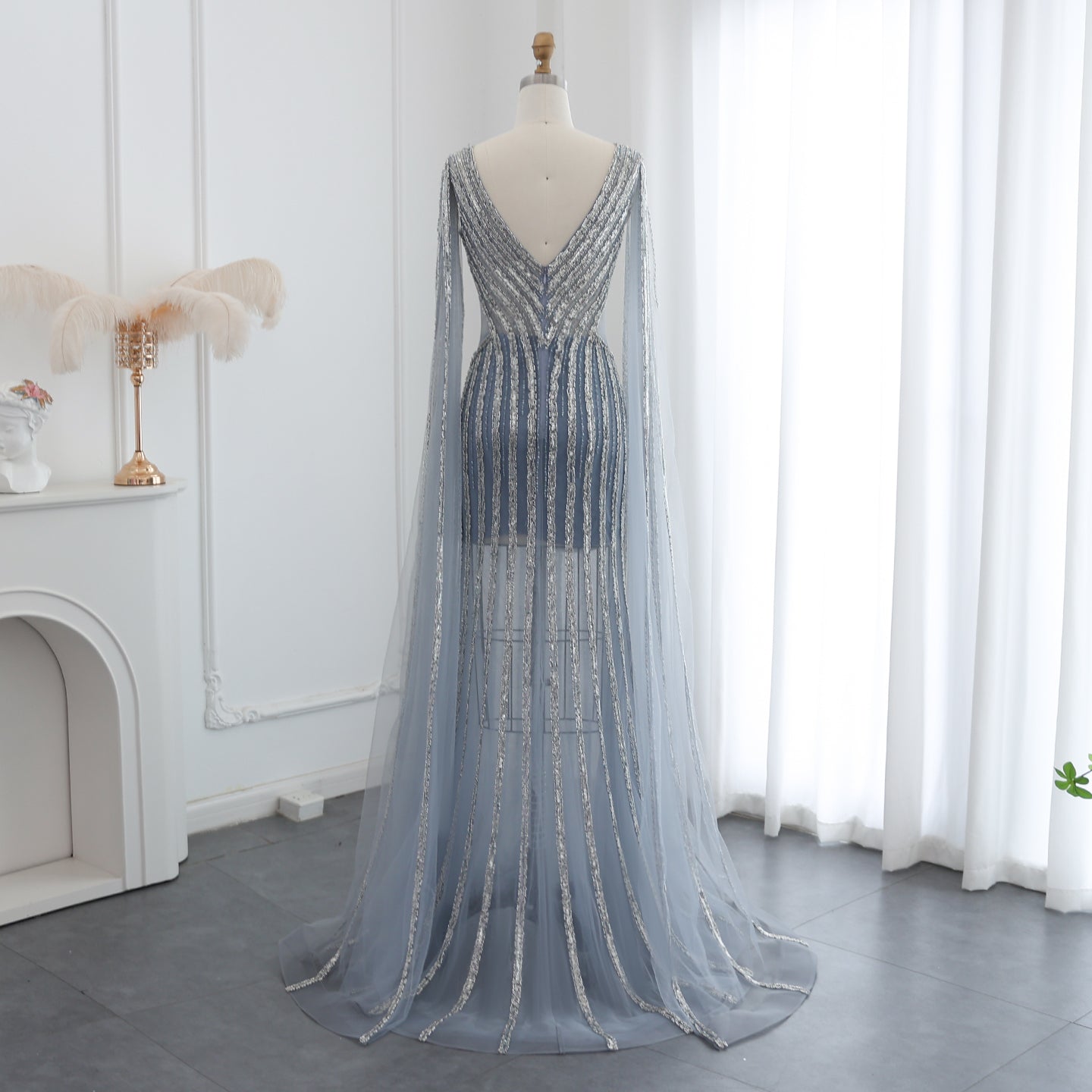 Luxury Beaded Blue V-Neck Mermaid Evening Dress with Cape Sleeves SS251